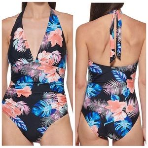 DKNY Women’s One Piece Black Floral Bathing Suite | Halter Neckline